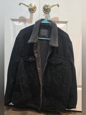 Levi's Black Denim Sherpa-Lined Jacket with Gray Sherpa Collar